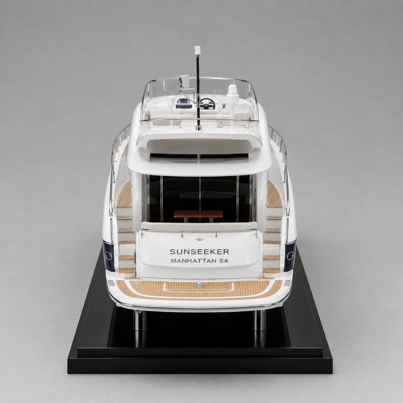 The yacht model from the stern, showing the teak swim platform